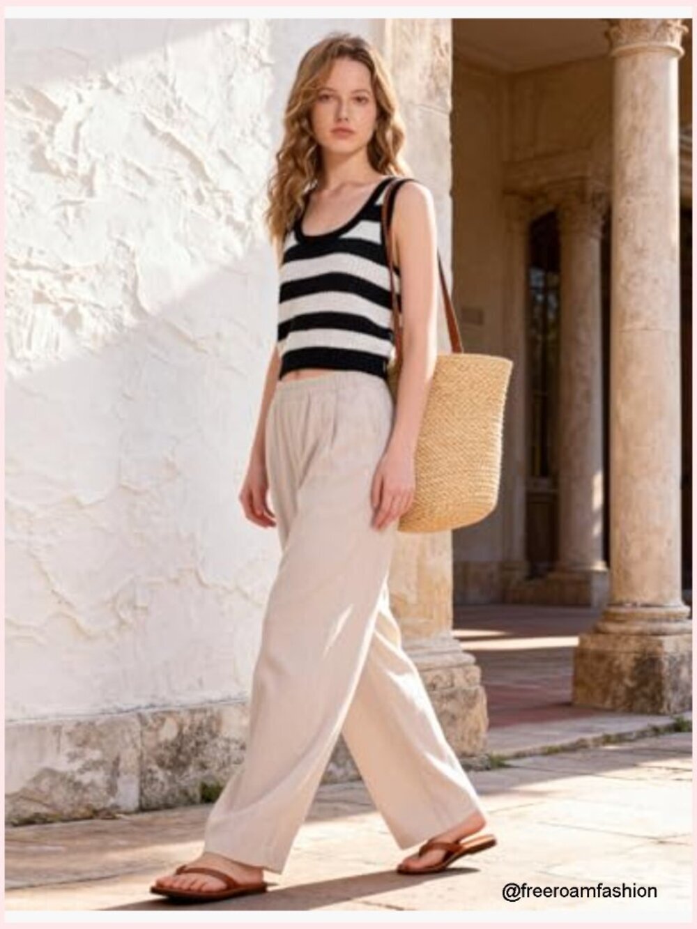 Wide Leg Linen Palazzo Pants Elastic Waist Travel Trousers with Pockets - Picture 3 of 6